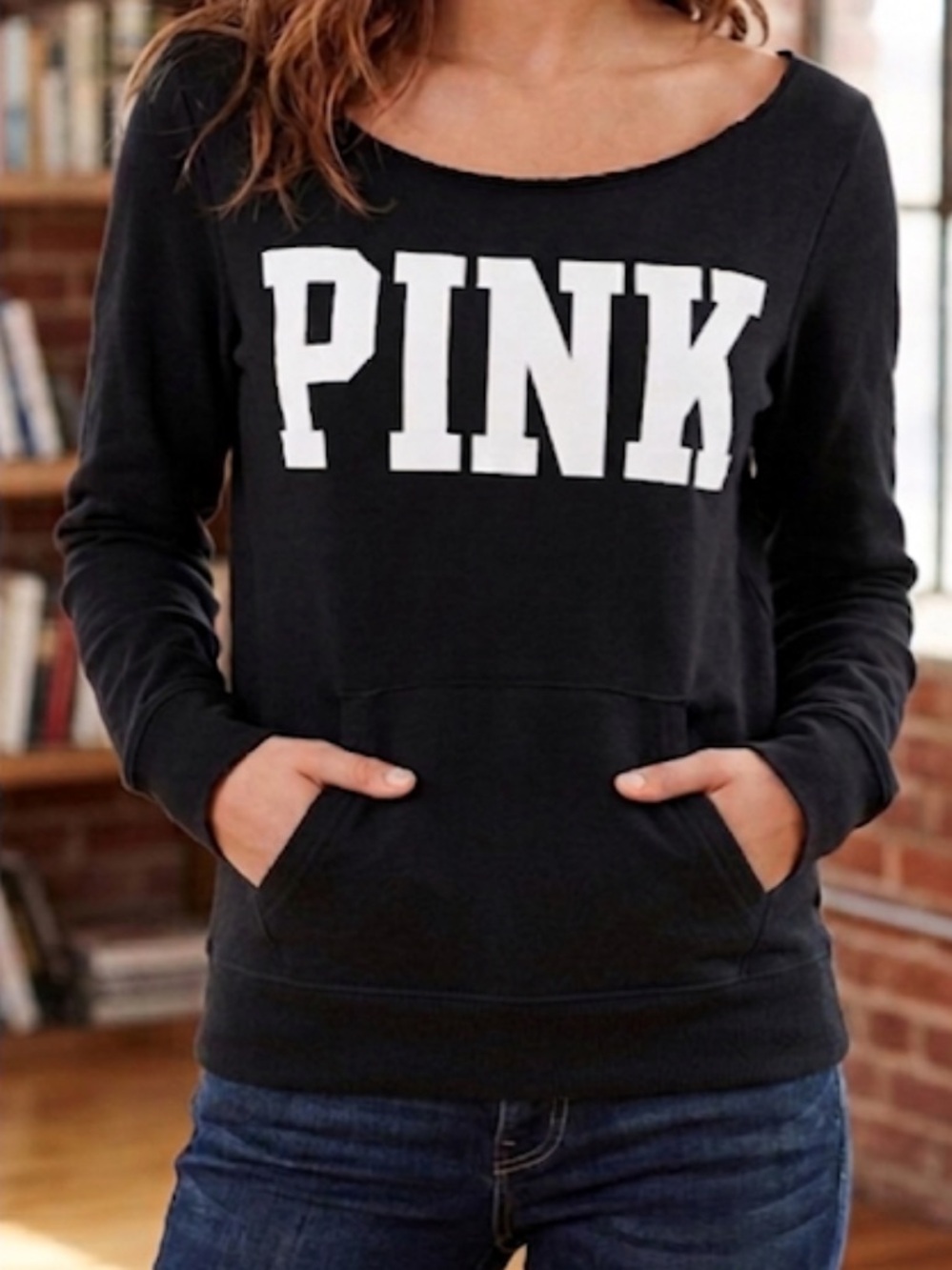 PINK VS Raw Neck Kangaroo Pullover Graphic Sweatshirt